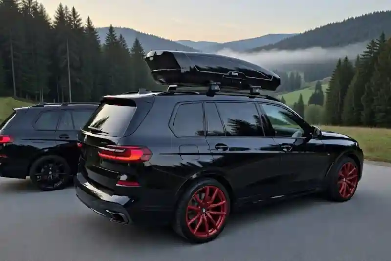 Ein BMW X7 mit einer THULE Motion XXL-Dachbox und Wingbar Dachträgern