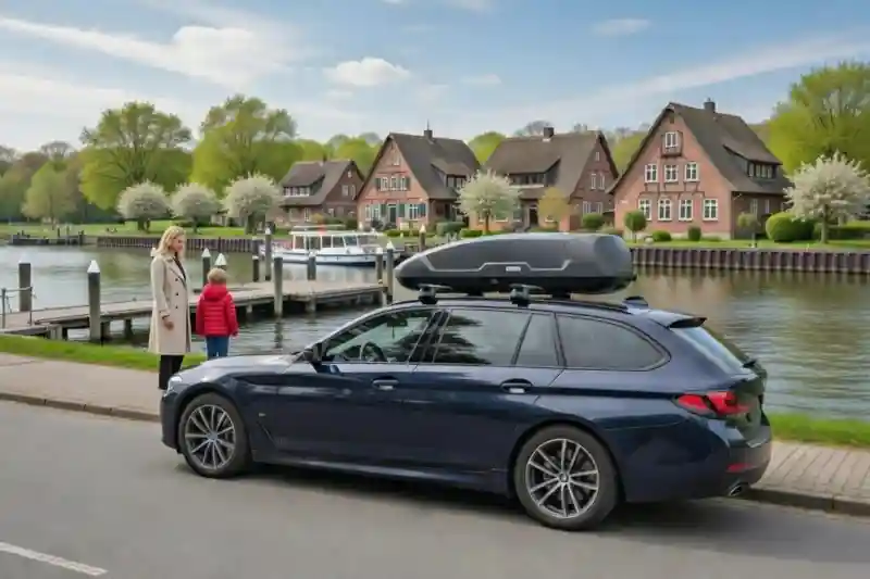 Ein BMW 5er Kombi G31 mit einer Dachbox Marke THULE mit 450 Liter Volumen