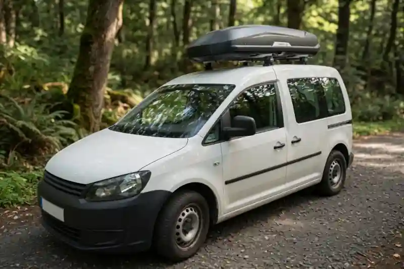 Eine Dachbox von HAPRO mit Wingbar-Dachträgern von THULE auf einem VW Caddy Van
